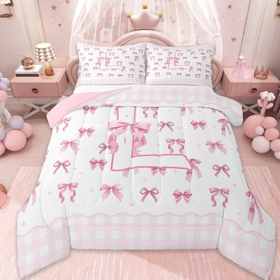 Erosebridal Pink Coquette Bowknot Kids Queen Comforter Set,Personalized Initial Letter L Bedding Comforter Set For Kids,Pink Reversible,3-Piece