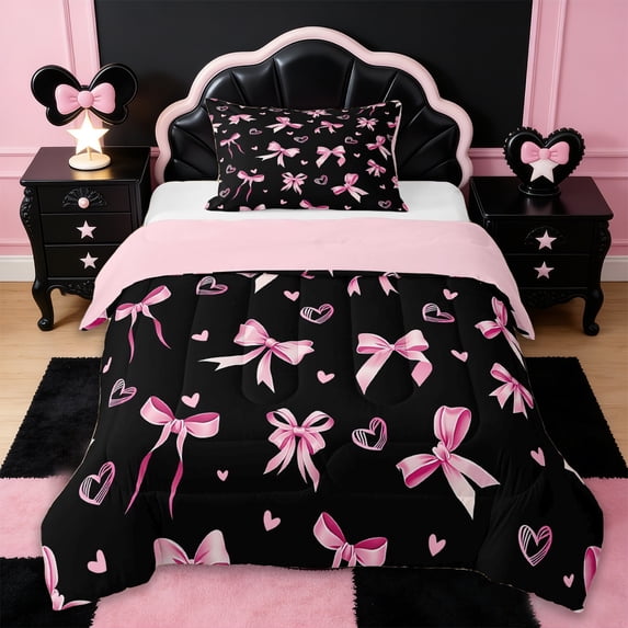 Erosebridal Pink Coquette Bowknot Twin Comforter Sets For Bow Lovers,Cute Loves Print Kids Bedding Set,Reversible pink,2-Piece