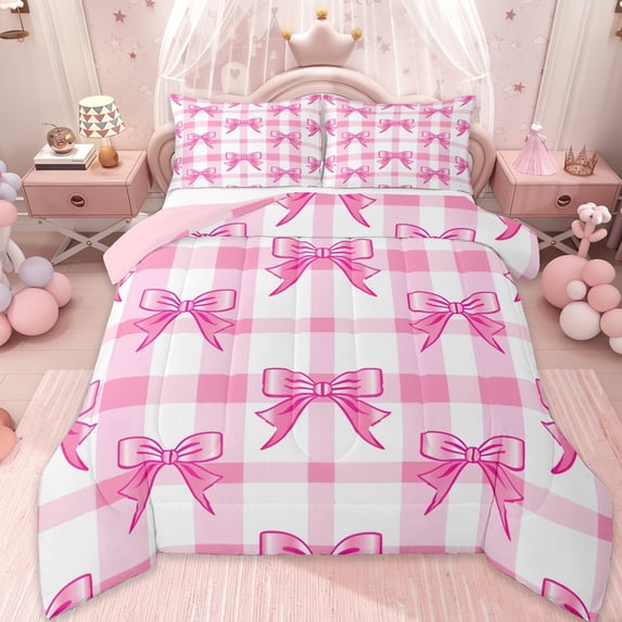 Erosebridal Pink Coquette Bowtie Kids Full Size Comforter Sets,Kawaii Bowknot Bedding Sets For Girls,Pink Reversible,3pcs