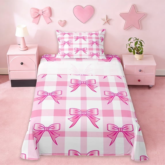 Erosebridal Pink Coquette Bowtie Kids Twin Sheet Sets,Kawaii Bowknot Bedding For Girls 3 Pieces