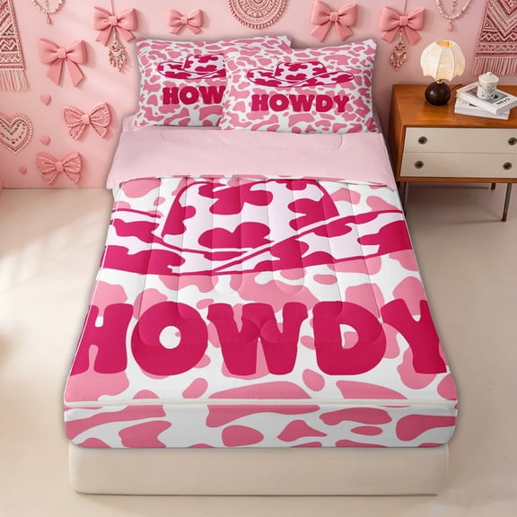Erosebridal Pink Cow Spot Zipper Queen Comforter Set with Fitted Sheet and 2 Pillowcases for Girls, Western Cowboy Cowgirl Hat Zipper Bedding Set, Pink Reversible, 4-Piece