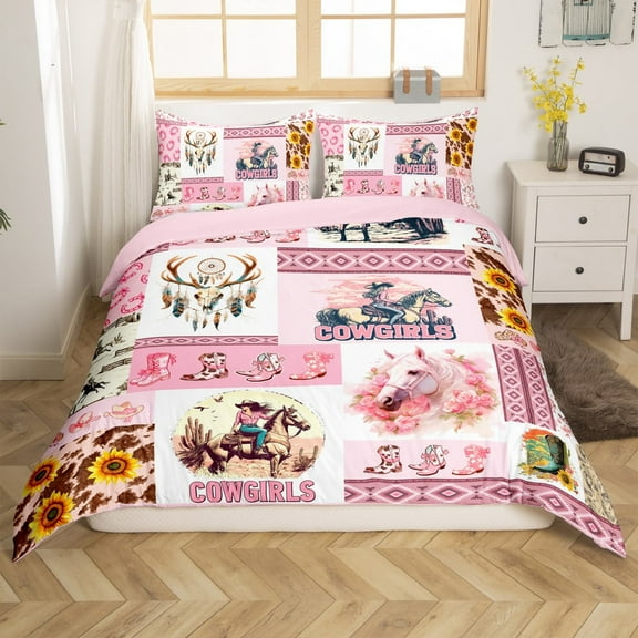 Erosebridal Pink Cowgirl Bedding Set,Western Comforter Cover Set,Farm Horse Stitched Western Duvet Cover,Bedspread Cover Room Decor Quilt Cover,No Stuffing(No Comforter)