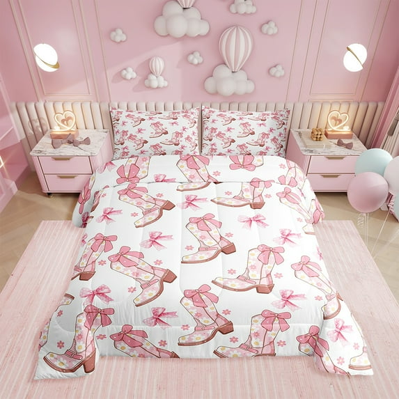 Erosebridal Pink Cowgirl Bedding Set Western Boots Printed Comforter Set West Cowboy Comforter Pink Bowknot Print Duvet Set Queen Size Quilt 3Pcs