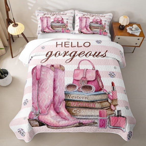 Erosebridal Pink Cowgirl Boot Bed Spread Queen for Boys Girls, Fashion Princess Queen Coverlet Set, 3pcs