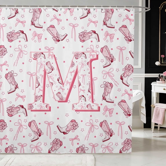 Erosebridal Pink Cowgirl Boot Letter Bow Shower Curtain 72Wx72L for Girls, Western Star Background Alphabet Waterproof Bathroom Curtain