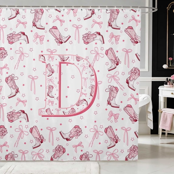 Erosebridal Pink Cowgirl Boot Letter Bow Shower Curtain 72Wx78L for Girls, Western Star Background Alphabet Waterproof Bath Curtain