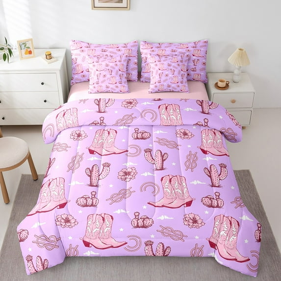Erosebridal Pink Cowgirl Boots Bedding Queen Size,Chic Cactus Comforter Sets with Sheets,Vintage Farm Style Bedding Sets Queen Size,Microfiber Bedroom Decor Reversible,7pcs