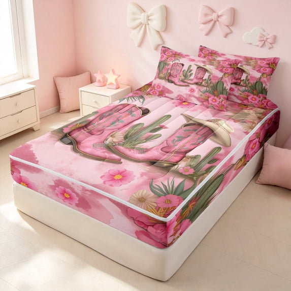 Erosebridal Pink Cowgirl Boots Zipper Full Size Comforter Sets with Fitted Sheet and 2 Pillowcases for Girls, Tropical Cactus Floral Flower Zipper Bedding Set, Pink Reversible