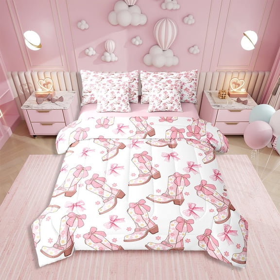 Erosebridal Pink Cowgirl Comforter Set with Sheets Western Boots Printed Bed in a Bag West Cowboy 7 Piece Bedding Set Queen Size Pink Bowknot Print Bed Set