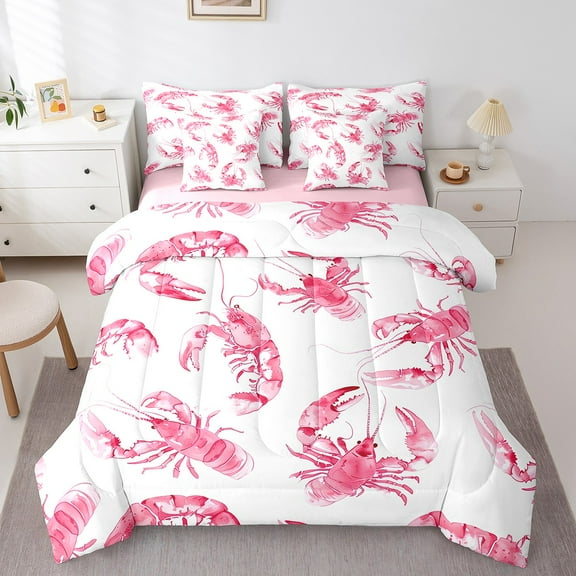 Erosebridal Pink Crawfish Bed in a Bag Queen size, Marine Animal Bed Set, Cartoon Lobster Decor, Reversible 7pcs