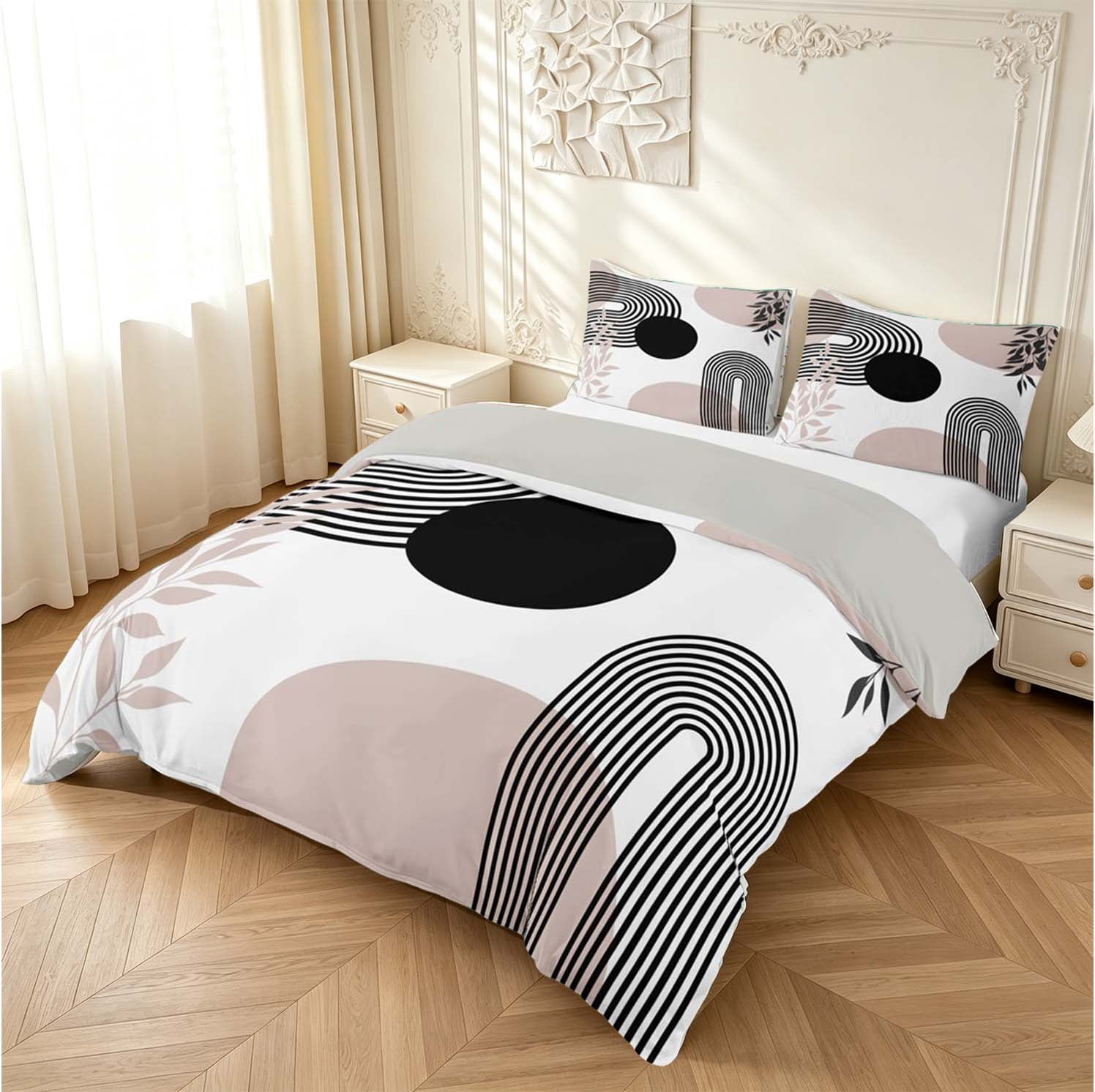 Erosebridal Pink Curved Arch Bedding,Black Circle Leaves Duvet Cover ...