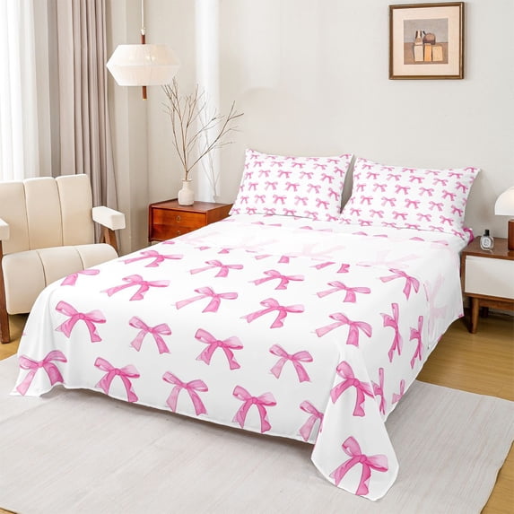 Erosebridal Pink Cute Bow Full Size Sheets for Girls, Watercolor Ribbon Bed Sheets, 4pcs