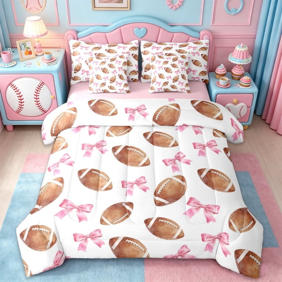 Erosebridal Pink Cute Bowknot 7-Piece Twin Bedding Sets,American Ball Rugby Sport Bedding Comforter Set For Kids Girls,Reversible