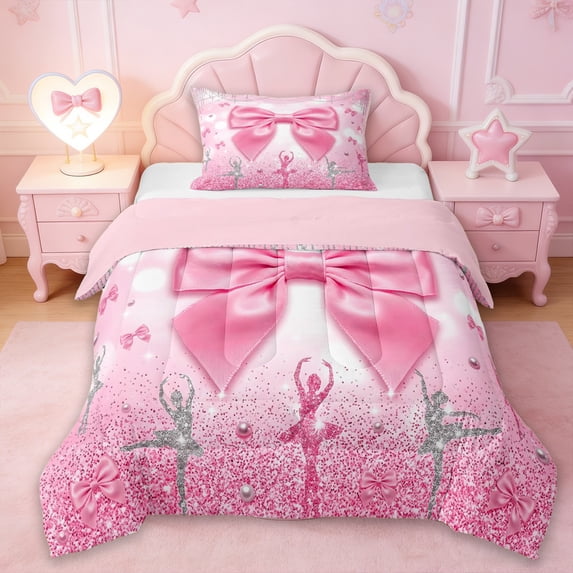 Erosebridal Pink Cute Bowknot Kids Twin Comforter Sets,Ballet Girls Silhouette Bedding Set,Reversible pink,2-Piece