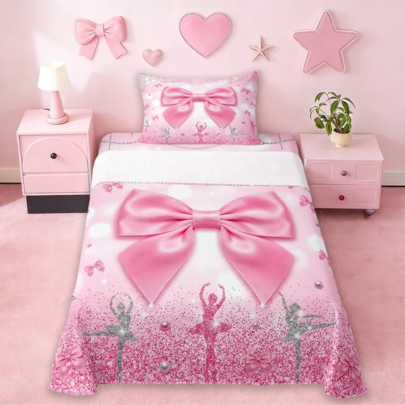 Erosebridal Pink Cute Bowknot Kids Twin Sheet Sets,Ballet Girls Silhouette Bedding 3-Piece