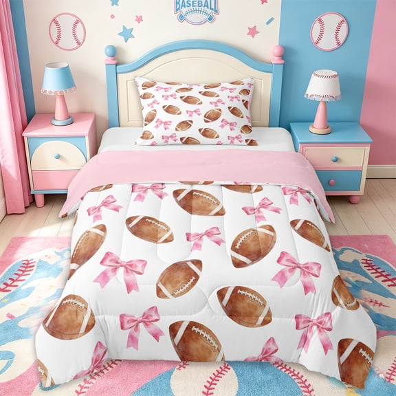 Erosebridal Pink Cute Bowknot Twin Comforter Sets,American Ball Rugby Sport Bedding Set For Kids Girls,Reversible,2pcs