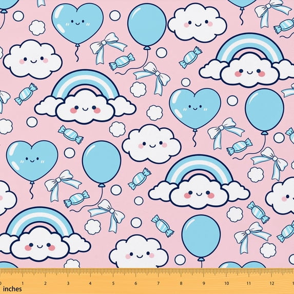 Erosebridal Pink Cute Cloud Fabric by the Yard 1 Yard, Rainbow Balloon Bow Home Decor Fabric by the Yard