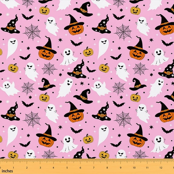Erosebridal Pink Cute Halloween Fabric by the Yard 3 Yards, Ghost Pumpkin Witch Hat Bat Pattern Room Decor Fabric by the Yard