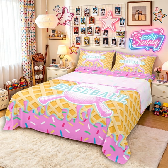 Erosebridal Pink & Cyan Dripping Waffle Pink Baseball & Bat Sketch Graphic Full Size Sheets 4-Piece, Sport Graphic Bed Sheets for Girls Kids,Microfiber Bedroom Decor