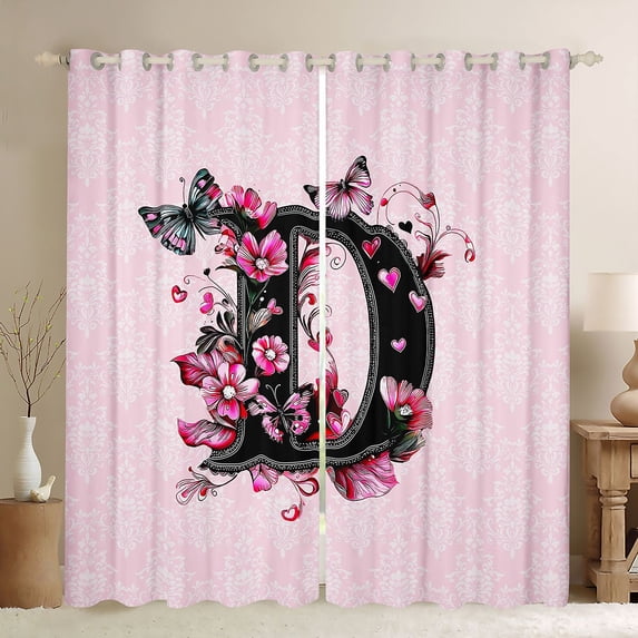 Erosebridal Pink D Letter Kids Black Out Curtains, Bohemian Damask Flower Curtains Pack of 2 (42x63 Each)