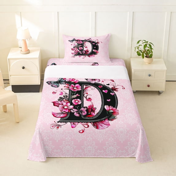 Erosebridal Pink D Letter Kids Twin Sheet Sets, Bohemian Damask Flower Bedding, 3pcs