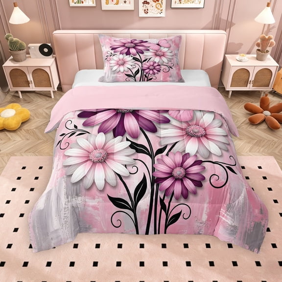 Erosebridal Pink Daisy Twin Comforter Sets for Girls, Watercolor Ombre Bedding Set, Pink Reversible, 2pcs