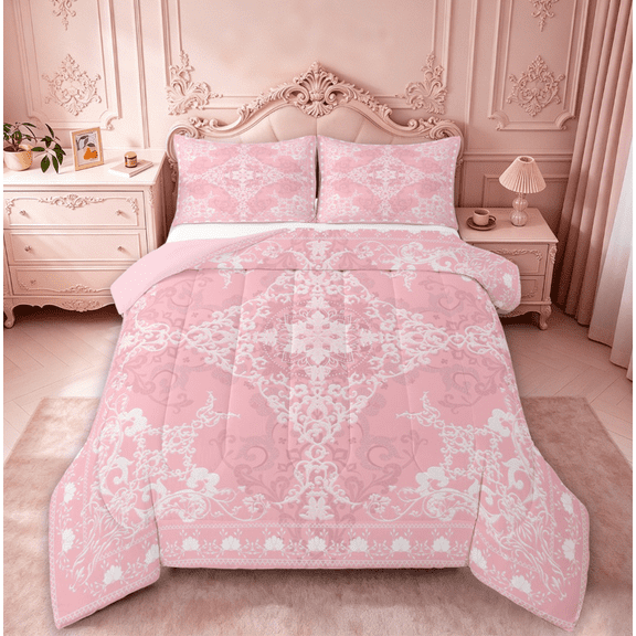 Erosebridal Pink Damask Flower Queen Comforter Set,Boho Exotic Damask Bedding Comforter Set For Adult,Reversible pink,3 Pieces
