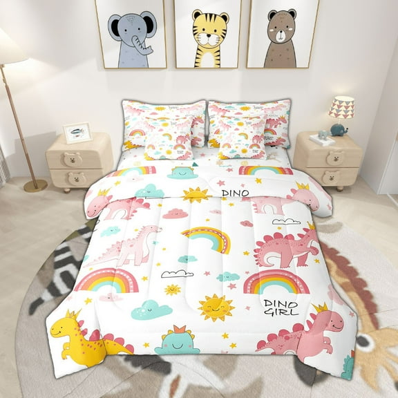 Erosebridal Pink Dinosaur Twin Bedding Sets Boho Rainbow Sun 7 Piece Comforter Set With Sheets Cute Stars Cloud Dion Bed In A Bag Cartoon Animal Bed Set Princess Room Decor