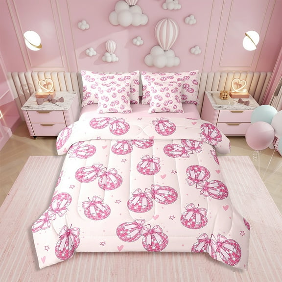 Erosebridal Pink Disco Ball Comforter Set with Sheets Cowgirl Bow Bed in a Bag Cute Bowtie Princess 7 Piece Bedding Set Twin Size Soft Cute Pink Star Print Bed Set