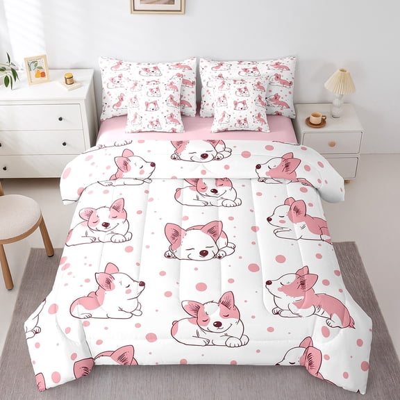 Erosebridal Pink Dog Bedding Full Size, Pet Print Bed in a Bag Full size, Kawaii Animal Reversible Bed Set, Microfiber Bedroom Decoration, 7 Pieces