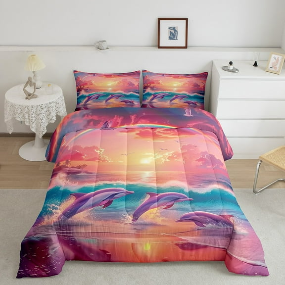 Erosebridal Pink Dolphin Comforter Sets Full Size, Romantic Sunset Comforters & Duvets, Kawaii Sealife Decor, Reversible