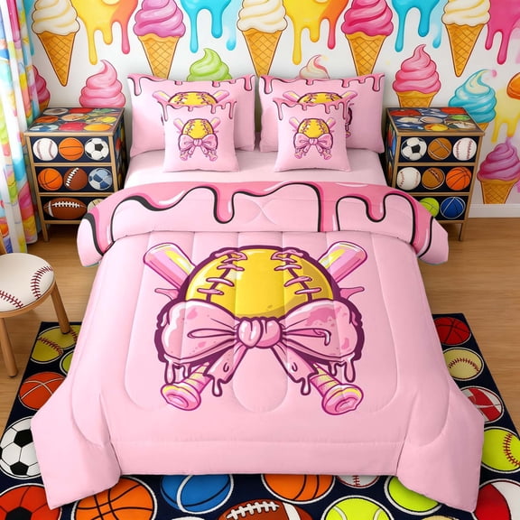 Erosebridal Pink Drip Softball Bedding Comforter Set, Cute Sport Full Bedding Set for Girls, Pink Reversible 7 Pieces