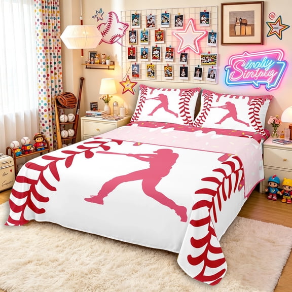 Erosebridal Pink Dripping Baseball Stitch & Batter Silhouette Graphic Bed Sheets 4pcs, Sport Graphic King Sheets for Girls Kids,Luxury Bedroom Decor