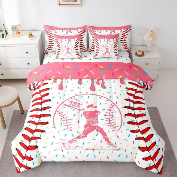 Erosebridal Pink Dripping Baseball Stitch & Batter Silhouette Graphic Bedding Comforter Set 7 Pieces, Baseball Graphic Full Bedding Set for Girls Kids,Lightweight Room Decor