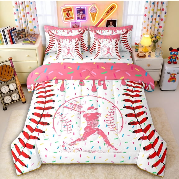 Erosebridal Pink Dripping Baseball Stitch & Batter Silhouette Graphic Bedding Comforter Set 7 Pieces, Baseball Graphic Full Bedding Set for Girls Kids,Lightweight Room Decor