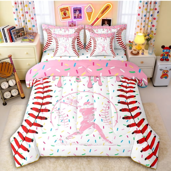 Erosebridal Pink Dripping Baseball Stitch & Batter Silhouette Graphic Bedding Comforter Set 7 Pieces, Sport Graphic Full Bedding Set for Girls Kids,Breathable Home Decor