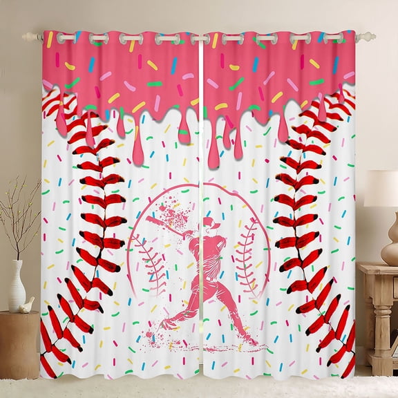 Erosebridal Pink Dripping Baseball Stitch & Batter Silhouette Graphic Curtains Pack of 2 (42x84 Each), Baseball Graphic Curtains Blackout for Girls Kids,Lightweight Room Decor