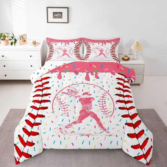 Erosebridal Pink Dripping Baseball Stitch & Batter Silhouette Graphic Full Size Comforter Sets 3 Pieces, Baseball Graphic Bedding Sets for Girls Kids,Lightweight Room Decor