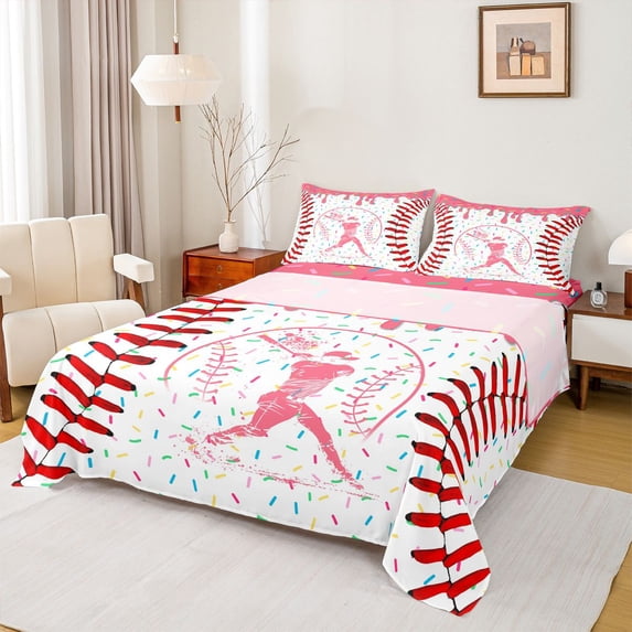 Erosebridal Pink Dripping Baseball Stitch & Batter Silhouette Graphic Full Size Sheets 4-Piece, Baseball Graphic Bed Sheets for Girls Kids,Lightweight Room Decor