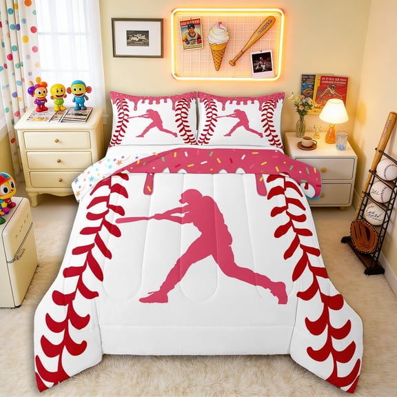 Erosebridal Pink Dripping Baseball Stitch & Batter Silhouette Graphic Queen Comforter Set 3pcs, Sport Graphic Bedding Comforter Set for Girls Kids,Luxury Bedroom Decor