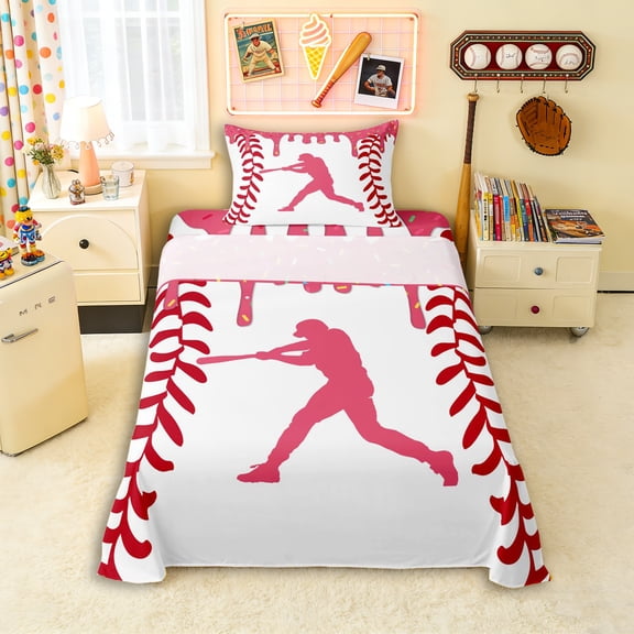 Erosebridal Pink Dripping Baseball Stitch & Batter Silhouette Graphic Twin Sheet Sets 3pcs, Sport Graphic Bedding for Girls Kids,Luxury Bedroom Decor