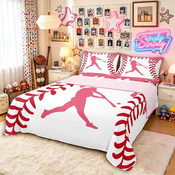 Erosebridal Pink Dripping Baseball Stitch & Hitter Silhouette Graphic Bed Sheets 4pcs, Sport Graphic King Sheets for Girls Kids,Luxury Bedroom Decor