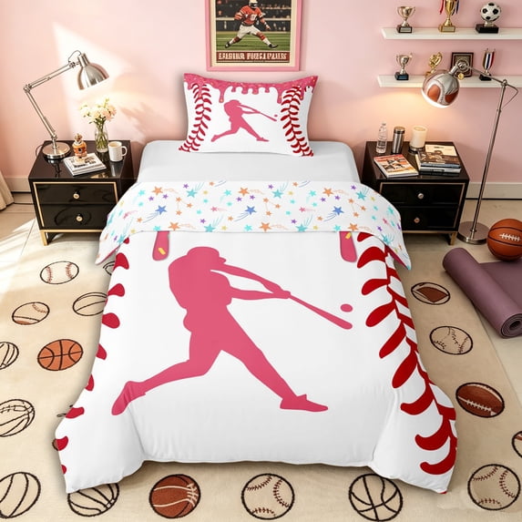 Erosebridal Pink Dripping Baseball Stitch & Hitter Silhouette Graphic Twin Bedding, Sport Graphic Duvet Cover Set for Girls Kids,Luxury Bedroom Decor,2pcs,No Comforter