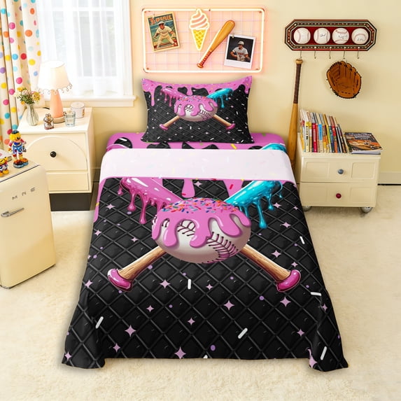 Erosebridal Pink Dripping Black Grid Pink & Cyan Baseball & Bat Graphic Twin Sheet Sets 3pcs, Baseball Graphic Bedding for Girls Kids,Ultra Soft Home Decor
