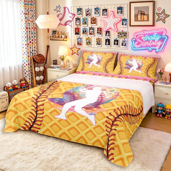Erosebridal Pink Dripping Waffle Baseball Batter & Baseball Graphic Bed Sheets 4pcs, Baseball Graphic King Sheets for Girls Kids,Microfiber Bedroom Decor