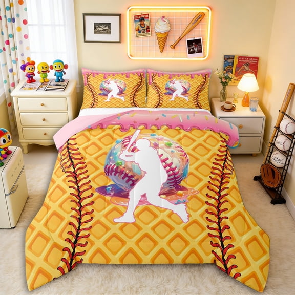 Erosebridal Pink Dripping Waffle Baseball Batter & Baseball Graphic Queen Comforter Set 3pcs, Baseball Graphic Bedding Comforter Set for Girls Kids,Pink Reversible,Microfiber Bedroom Decor