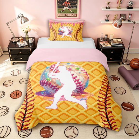 Erosebridal Pink Dripping Waffle Baseball Batter & Baseball Graphic Twin Bedding, Baseball Graphic Duvet Cover Set for Girls Kids,Pink Reversible,Microfiber Bedroom Decor,2pcs,No Comforter