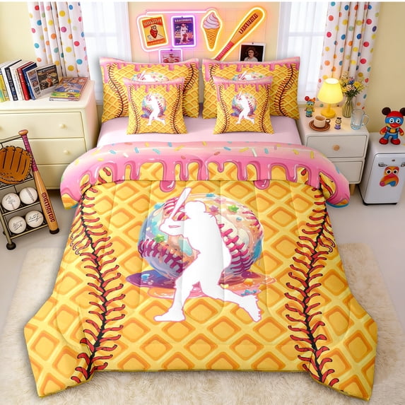 Erosebridal Pink Dripping Waffle Baseball Batter & Baseball Graphic Twin Bedding Sets 7-Piece, Baseball Graphic Bedding Comforter Set for Girls Kids,Pink Reversible,Microfiber Bedroom Decor