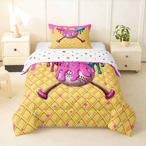 Erosebridal Pink Dripping Waffle Pink & Cyan Baseball & Bat Graphic Twin Comforter Sets 3-Piece, Baseball Graphic Bedding Set for Girls Kids,Lightweight Room Decor