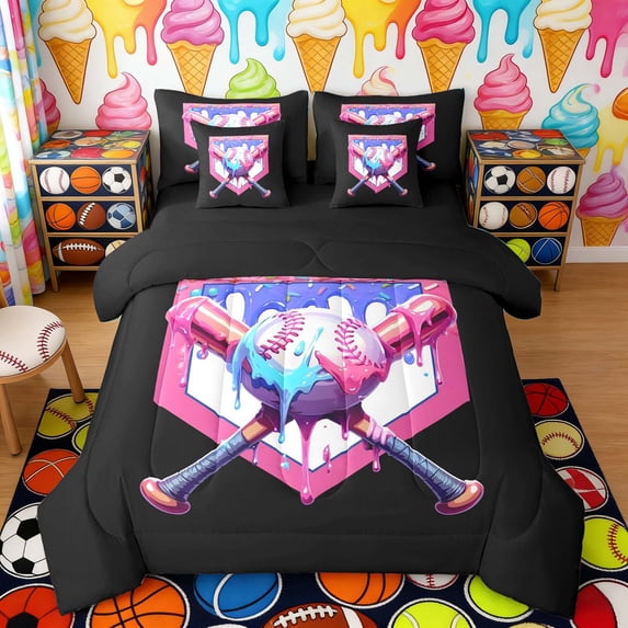 Erosebridal Pink Drippy Baseball Bat & Ball Print Bedding Comforter Set, Sweet Sports Theme Queen Bedding Sets for Kids Boys and Girls, Black Reversible 7 Pieces